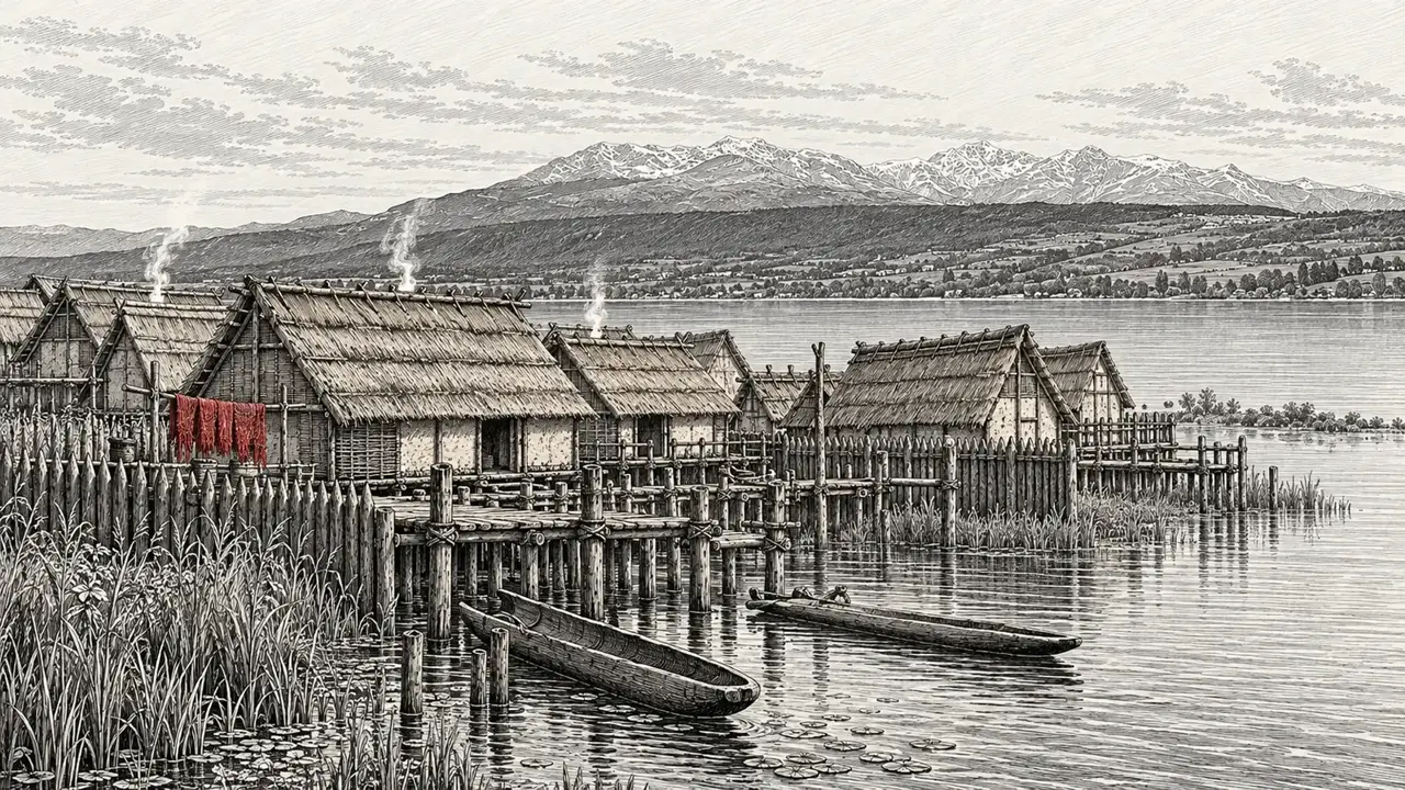 Tavola illustrata del villaggio palafitticolo sul Lago di Viverone