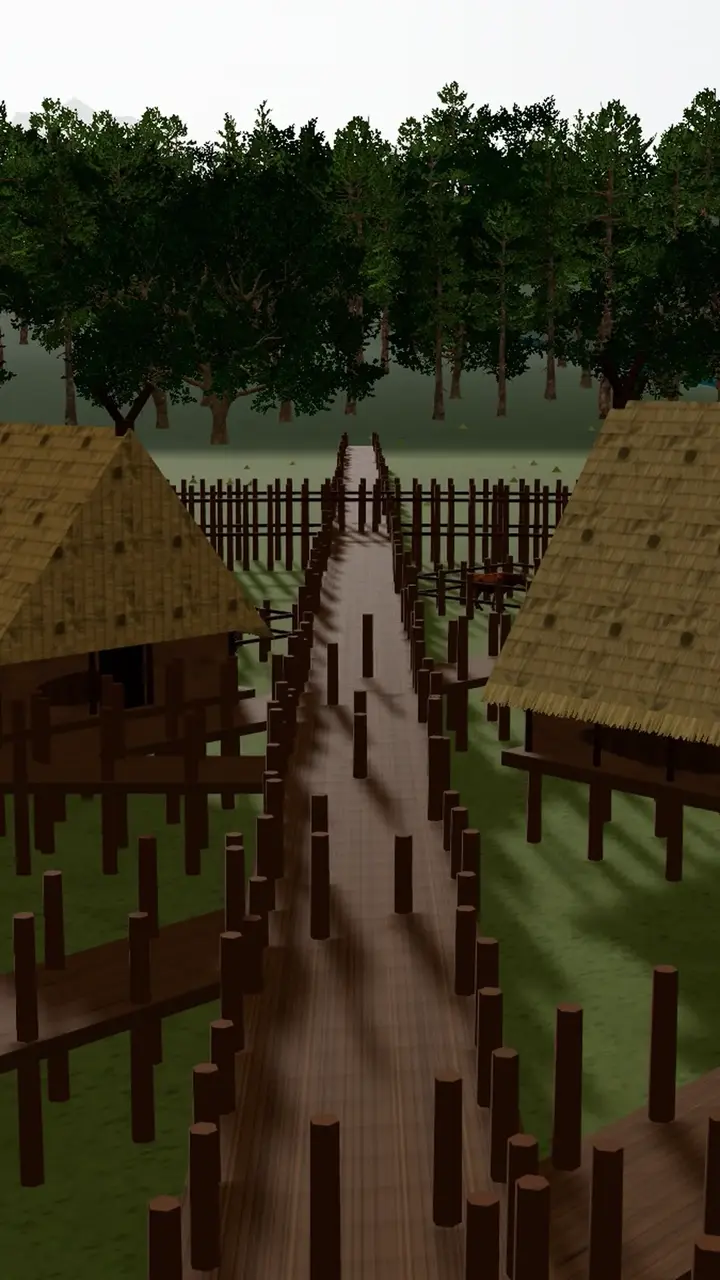 La passerella fra le capanne del villaggio ricostruito in 3D